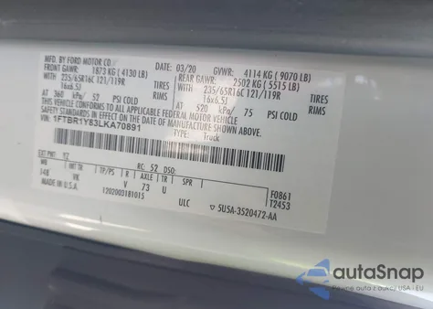 2020 Ford Transit-250 z USA, uszkodzony, nr VIN 1FTBR1Y83LKA70891